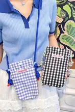 チェック柄の翻蓋スマホバッグ【ブルー・斜め掛け・多機能】