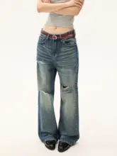 デニムパンツ ユニセックス ウォッシュ ダメージ加工 ヒゲ加工 ストレート アメリカン風 ストリート 着回し トレンド「Free Sonata」