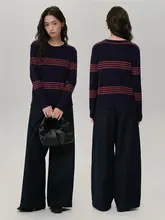 ストライプデザインのニットトップス【女性用・フィット感のある丸首・カラーブロック】