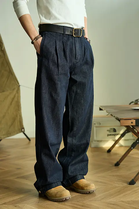 アメリカンレトロデザインのラセールデニムワイドパンツ【ストレート・ルーズフィット】（セットアップ対応）