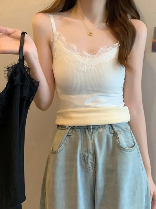 白色Vネックレースキャミソール【冬用・フリース裏地・保温・インナー】