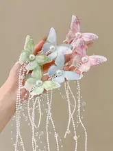蝶デザインのパール風タッセルヘアクリップ【可愛いサイドクリップ・女の子用・漢服に最適】