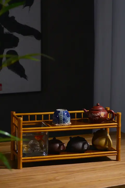 楠竹製 二段ティーカップスタンド【ガラス棚付き・収納用・多層ディスプレイラック】