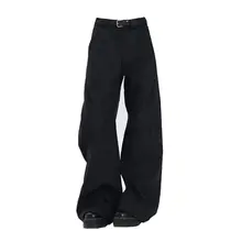 レディース 高腰ブラックストレートパンツ【アンチしわ・ルーズフィット・春用】