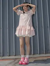 PINKDOG ピンクドッグ ひまわり柄 バルーンスリーブ ワンピース【夏用・子供向け・縦じま】