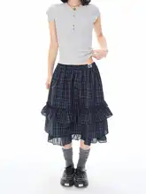 レディース 夏用チェック柄レースフレアミディスカート【学院風・ハイウエスト・体型カバー】（セットアップ対応）