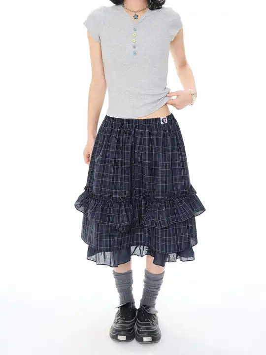 レディース 夏用チェック柄レースフレアミディスカート【学院風・ハイウエスト・体型カバー】（セットアップ対応）