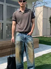 ユニークなデザインのストリートスタイルデニムパンツ【ルーズフィット・ウォッシュ加工・ダメージ仕上げ】