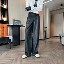 ブラックレザーパンツ【ルーズフィット・ストレート・カジュアル・PU素材】