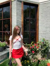 バイカラーVネック短袖Tシャツ【女性用・夏・リボン付き・シルエットを強調】（セットアップ対応）