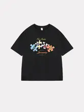 カラフルなパズルプリントの夏用Tシャツ【ラウンドネック・短袖・極上の柔らかさ・子供用】