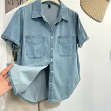 ヴィンテージ風デニムシャツ【ポロ襟・夏用・女性用・ルーズフィット】