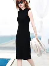 リブハーフハイネックノースリーブワンピース【夏用・フィット感ある中長丈】