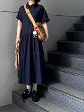 レトロデザインのポロ衿シャツワンピース【夏用・半袖・ネイビー】（セットアップ対応）