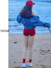 高腰デニムショートパンツ【レディース・赤・スタイリッシュ・夏用・スリムフィット】（セットアップ対応）