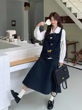 可愛いドールカラーシャツとデニムベスト、ミディスカートの三点セット（セットアップ対応）