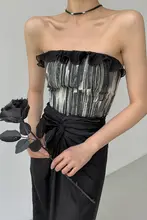 独特な不規則デザインの水墨染めクロップドトップ【フラワーレース付き・女性用】