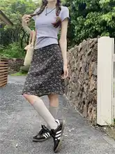 高腰フラワープリント 膝丈スカート【エレガント・夏用・Aライン・大きいサイズ】（セットアップ対応）