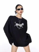 アメリカンビンテージ風 ホットドッグプリント 長袖Tシャツ【レディース・春用・ゆったりシルエット】