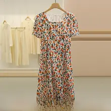 フラワープリント方形ネックパフスリーブウエストリボンワンピース【夏用・短袖】（セットアップ対応）
