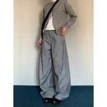 アメリカンヴィンテージデザインのカジュアルスーツパンツ【男女兼用・春秋用・高級グレー】（セットアップ対応）