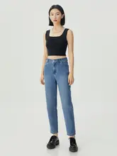 シンプルな深呼吸デザインの九分丈テーパードデニムパンツ【レディース】（セットアップ対応）