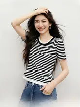 カラー切替ストライプTシャツ【レディース・半袖・カジュアル・ラウンドネック】（セットアップ対応）