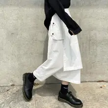 ポケット付きワークスカート【レトロデザイン・不規則Aライン・学生向け・ミディ丈・白色】