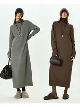 秋冬用 高級羊毛極簡ロングニットワンピース【ハイネック・スリット袖口・ラウンドネック】