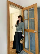 レトロチェックデザインのハイウエストAラインスカート【長款・春夏用・バンド付き】（セットアップ対応）