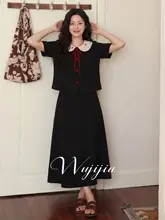 学院風の襟付きトップスとスカート【夏用・大きいサイズ・フレンチスタイル】（セットアップ対応）