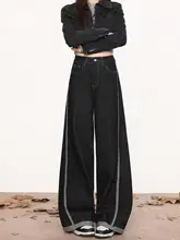 デザイン性のあるビンテージ風 バイカラー ワイドレッグデニムパンツ【ハイウエスト・冬用・ルーズフィット・スリム効果】
