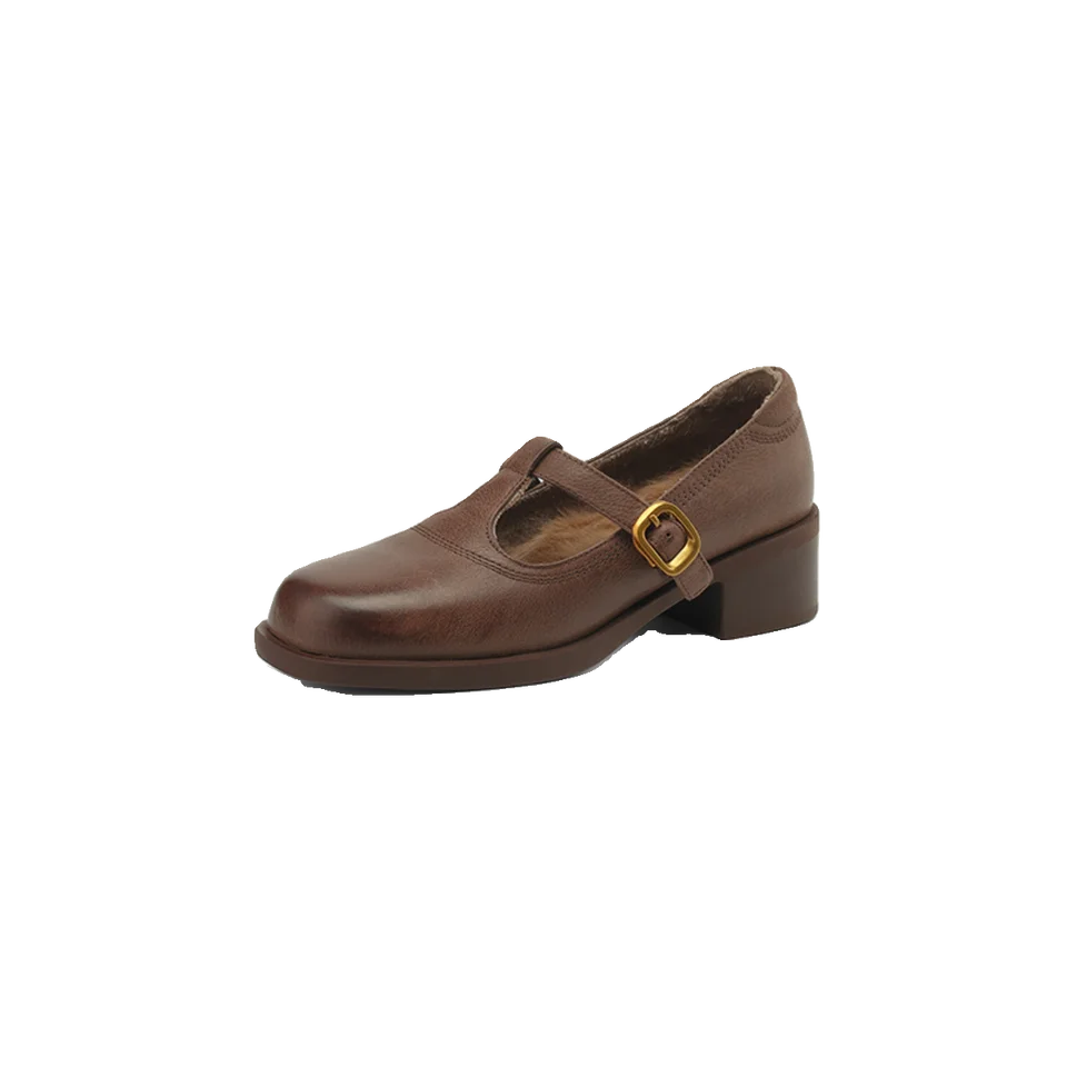 レトロデザインの小さな革靴【粗いヒール・裏地に加えた極上の柔らかさ・T字ストラップ・ラビットファー】