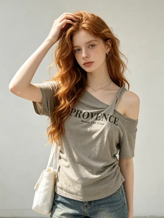 トップス レディース 半袖Tシャツ ヴィンテージ ワンショルダー アメリカン風 甘辛MIX ウエストシェイプ 着痩せ ショート丈 プリント きれいめ 夏