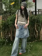 韓国デザインのハイウエストデニムスカート【トレンド・スリット入り・スリムフィット】（セットアップ対応）