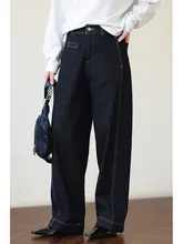 レトロハイウエストデニムパンツ【深い青・スリムフィット・裏起毛・テーパードストレート】