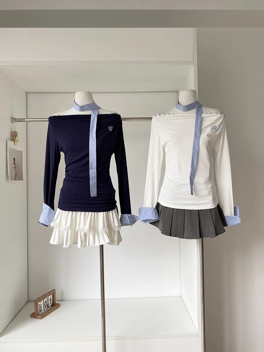 一字肩長袖Tシャツ：かわいい制服風のカジュアルスタイルで通勤に活用