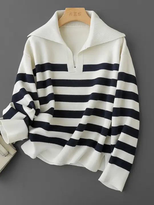フレンチストライプの純羊毛Vネック長袖ニットセーター【翻領・秋用】（セットアップ対応）