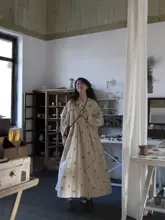 春夏用 刺繍入りコットンリネンワンピース【米杏色・クラシックデザイン】