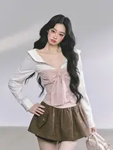 ストライプデザインの長袖ポロシャツ【秋用・アメリカンスタイル・女性用】（セットアップ対応）