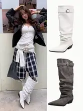 本革製 デザイン性の高い ポインテッドトゥ ウエスタンブーツ【皺加工・高筒・バックル付き・ブロックヒール】