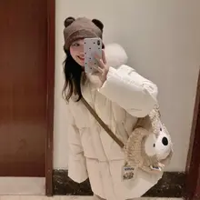 白色フード付き大毛皮襟の短めダウンジャケット【女性用・冬季・おしゃれなデザイン】