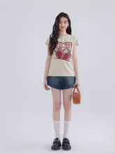 アメリカンビンテージスタイルのTシャツ【可愛い子鹿デザイン・夏用】とハイウエストデニムショートパンツ（セットアップ対応）