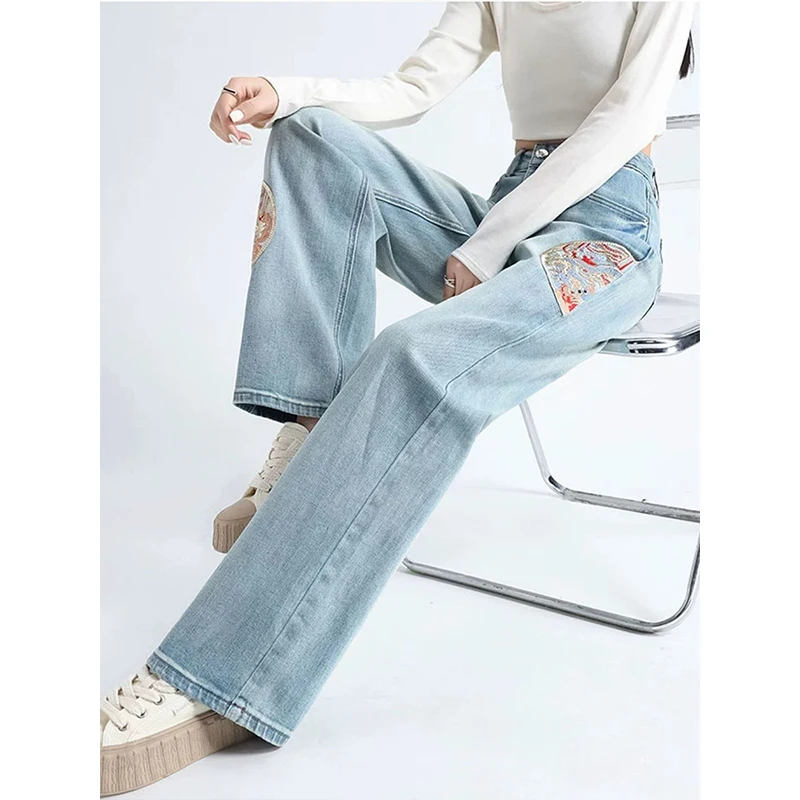中国風刺繍デザインのワイドレッグデニムパンツ：通勤スタイルに最適な女性用ストレートパンツ