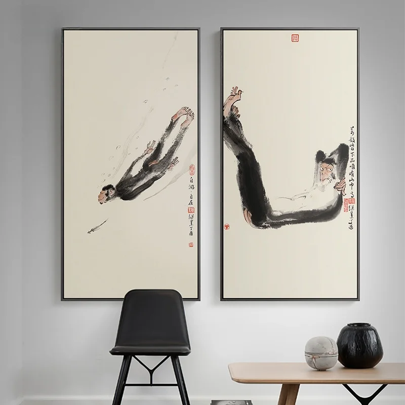 新中式縦型玄関装飾画：禅意水墨画猿の設置ガイドと実際の使い方