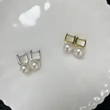天然の正円パールイヤリング【S925純銀・スクエアデザイン・強光訳・クラシックな気品】