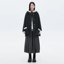 極上の柔らかさ！フード付きダブルフェイスコート【ウール混・バニラカラー・牛角ボタン付き】