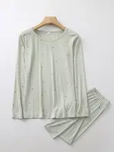 小さなハートデザインのモダール長袖トップス＆パンツ【春秋冬用・高弾力・快適なルームウェア】（セットアップ対応）