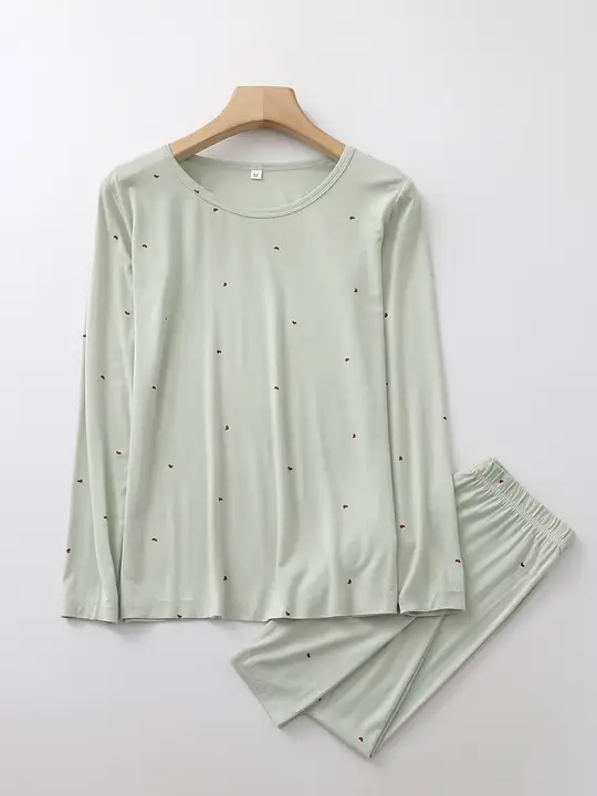 小さなハートデザインのモダール長袖トップス＆パンツ【春秋冬用・高弾力・快適なルームウェア】（セットアップ対応）