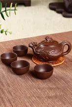 宜興 紫砂製 陶器の一人用茶セット【ハンドメイド・フィルター付き・急須・4杯セット】